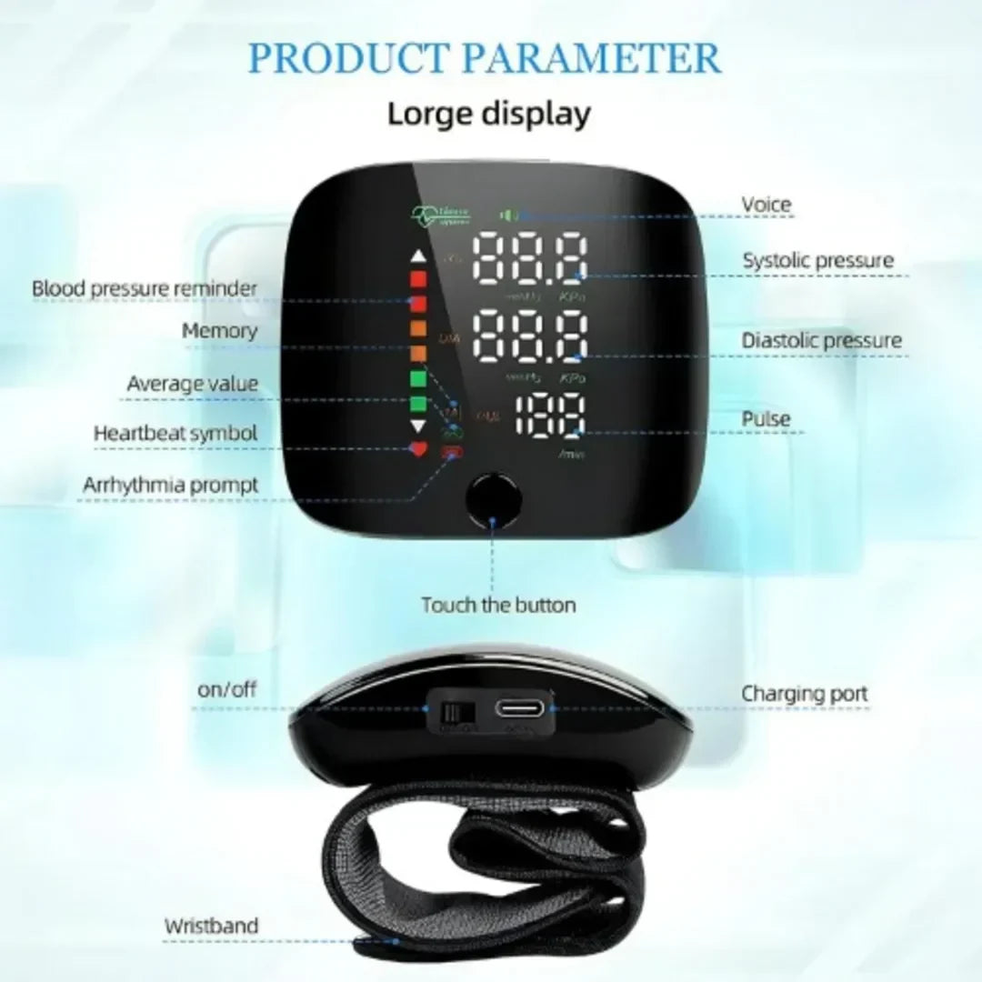 Rechargeable Wrist BP Monitor – Digital LED Display & Voice Broadcast