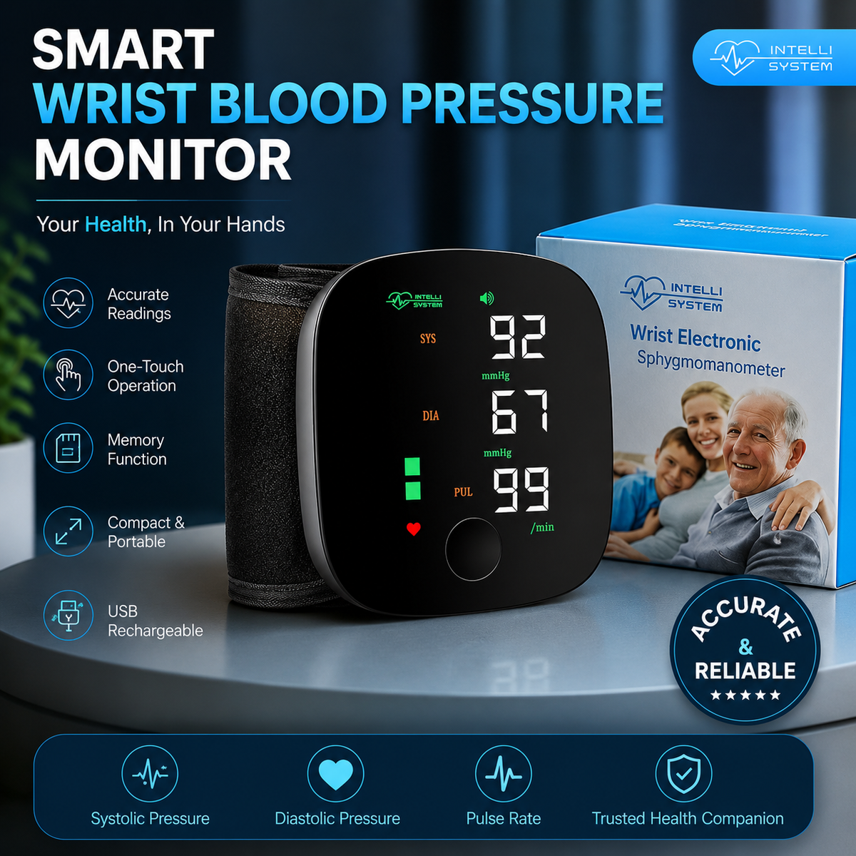 Rechargeable Wrist BP Monitor – Digital LED Display & Voice Broadcast